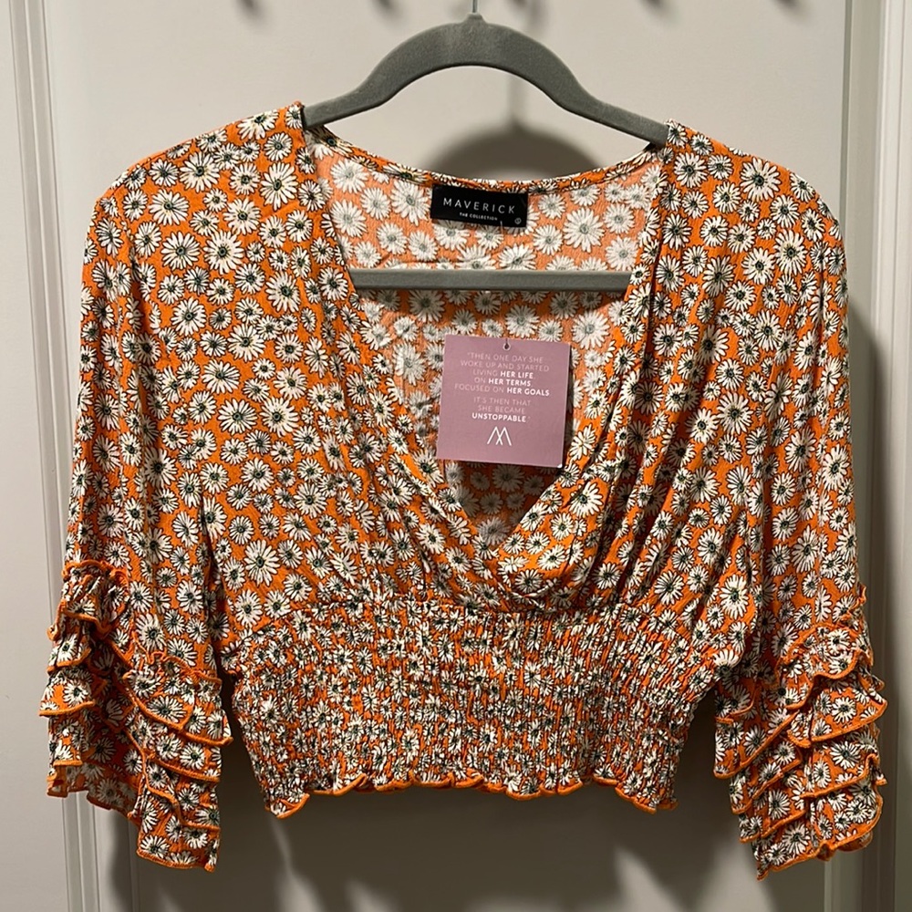 Orange Sunflower Crop Top, 3/4 sleeve